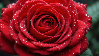 Close-up of a vibrant red rose with dew drops on petals in a natural setting