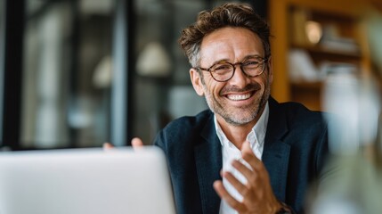 Confident business professional in a meeting using laptop and glasses in a modern office