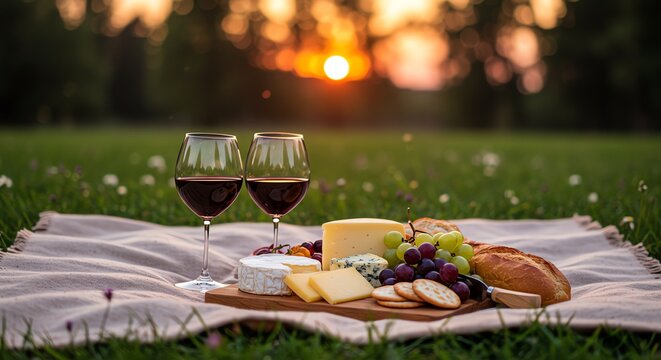Wine cheese grapes picnic sunset grass - Powered by Adobe