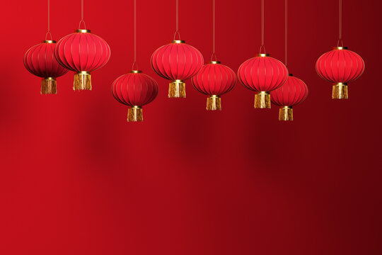 Red chinese lanterns hanging on red background for celebration