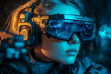 Advanced futuristic soldiers in a dystopian war zone with high tech weapons and cybernetic enhancements, generative ai