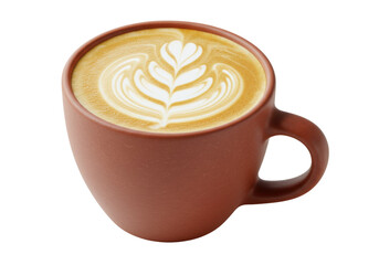 Isolated Latte Art in Brown Cup, Coffee Beverage, Milk, Foamy, Floral Pattern, Design