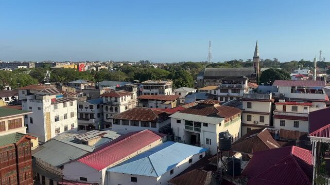 View of Stone town Mji Mkongwe Zanzibar city UNESCO world heritage sit tanzania town skyline