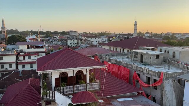 View of Stone town Mji Mkongwe Zanzibar city UNESCO world heritage sit tanzania town sunset skyline