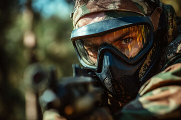 Fototapeta premium Close-Up of Paintball Players in Action, Wearing Protective Masks and Gear, Generative AI art