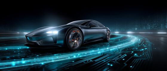 Fototapeta premium A sleek futuristic car driving on a smart road that can charge its battery, with a cityscape visible in the background.