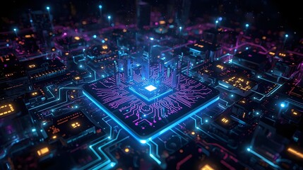 Futuristic AI Microchip City Circuit Board Illustration
