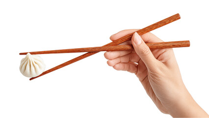 Fototapeta premium Hand Holding Dumpling with Chopsticks, Asian Cuisine Food Presentation