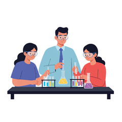 Vibrant 2D flat vector illustration showing a male science teacher supervising two focused students wearing protective goggles and mixing colorful liquids during a science lesson in the school lab.