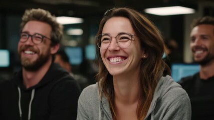 Smiling woman with glasses and casual hoodie enjoying happy teamwork with colleagues in modern indoor office environment capturing positive and friendly atmosphere - Powered by Adobe