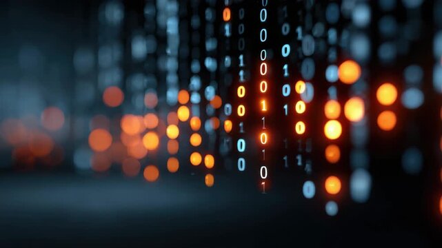 Futuristic digital binary code with glowing orange and blue lights creates dynamic technology background full of abstract data information stream effect symbolizing programming encryption
