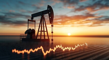Dramatic sunset over oil pump with stock market graph highlighting financial trends and shifts in energy resources