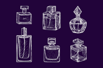 Glass spray perfume bottles collection. Sketch illustrations. Fashion, cosmetics concept. Set of an outline drawing in engraving style. Hand-drawn vector line art clipart, isolated