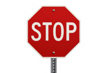 Red octagon stop sign on a metal pole, showing the word stop, indicating traffic safety and warning