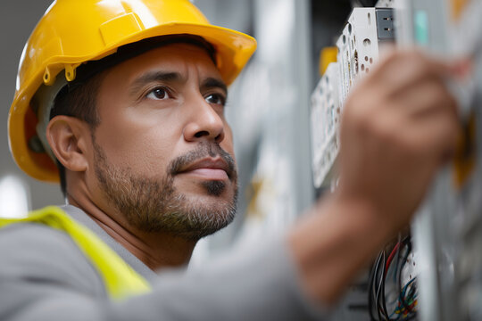 A man in a yellow hard hat is working on a power line