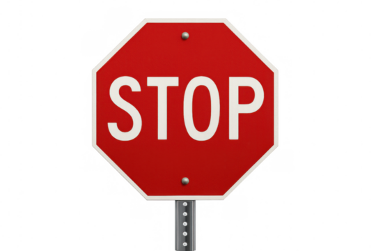 Red octagon stop sign on a metal pole, showing the word stop, indicating traffic safety and warning