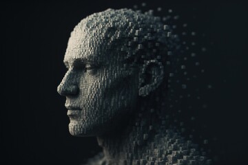 Pixelated man disintegrating into cubes against a dark background, side profile