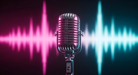 Retro microphone with vibrant neon sound waves background music podcast radio studio audio live performance digital modern colorful dynamic