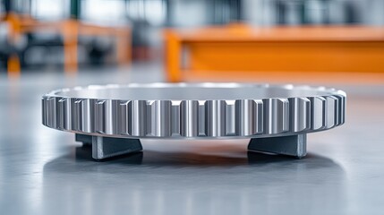 A gear-themed arcade machine crafted from steel shines on a table in a factory workshop filled with industrial charm