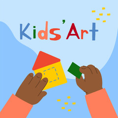 Black kid cutting colored paper, creative, top view workshop for child. Banner template. Hand drawn illustration in flat style