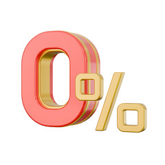A 3D render of a 0%, zero percent sign in red and gold metallic finish, isolated on a transparent background, viewed from an eye-level, angled perspective.
