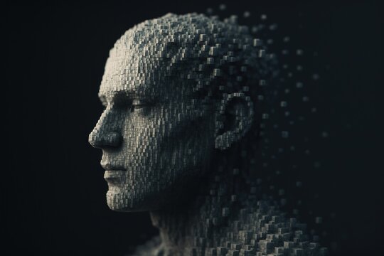 Pixelated man disintegrating into cubes against a dark background, side profile