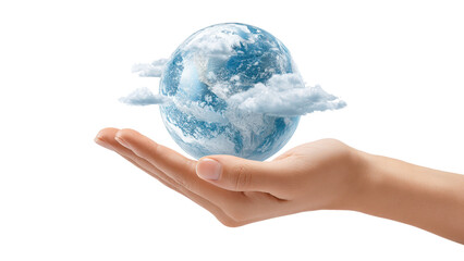 Earth in Hand: Globe with Clouds on White Background