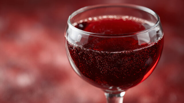Close-up of a sparkling red wine glass with a bokeh background.