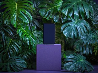 Phone on purple cube amid lush, oversized green Monstera leaves
