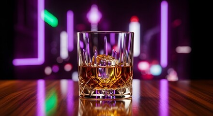 Classic whiskey glass with ice cubes on a polished bar in glowing neon light Nightlife Bar Alcohol Drink Beverage Spirit Party Celebration Luxury Refreshment