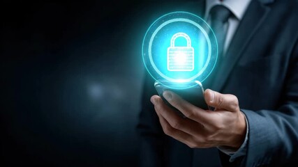 Digital security concept featuring glowing lock icon above smartphone held in hand, symbolizing privacy, protection, and advanced technology for business cybersecurity and digital safety - Powered by Adobe