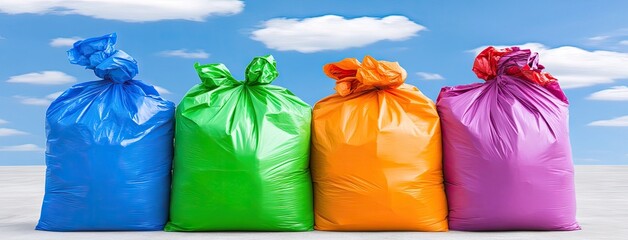 Bulldozer at a landfill working against a bright blue sky, efficiently handling trash bags in an active garbage dump environment