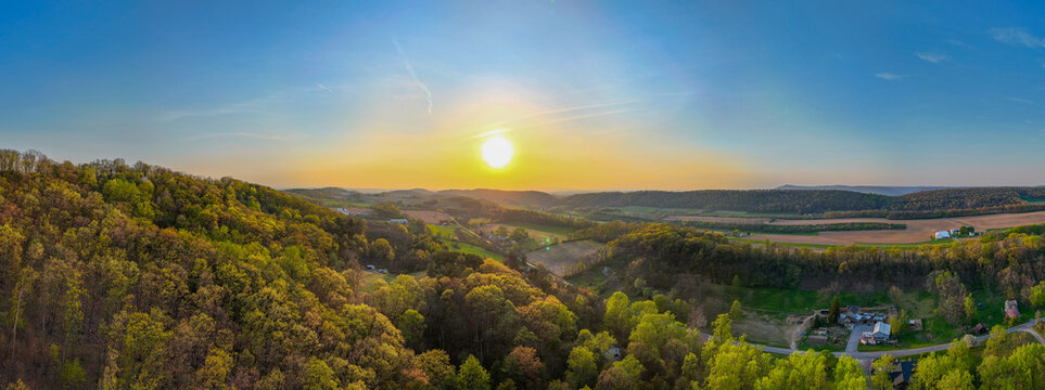 Aerial landscape of corn fields farmland mountains sunset rural Appalachia Central Pennsylvania
