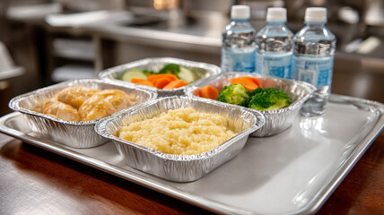 Obraz premium Meal on tray with bottled water and foil containers.