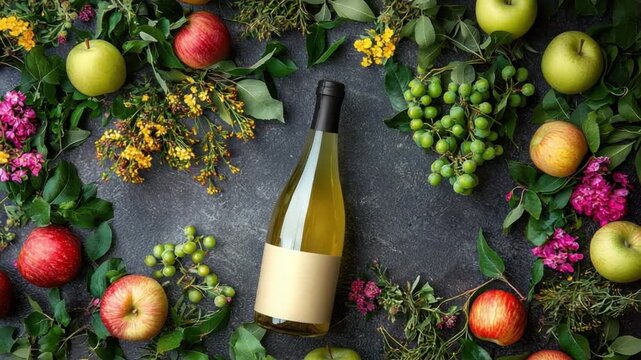 Fresh Fruits and Flowers Surrounding a Bottle of Unlabeled White Wine on Dark Stone Background 4k video footage