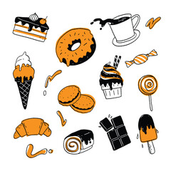Sweets and desserts doodle set. Hand-drawn collection of sweet food icons like donuts, ice cream, cake, and candy. Vector illustrations.