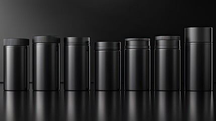 Row of various-sized black bottles/containers on dark, glossy reflective surface