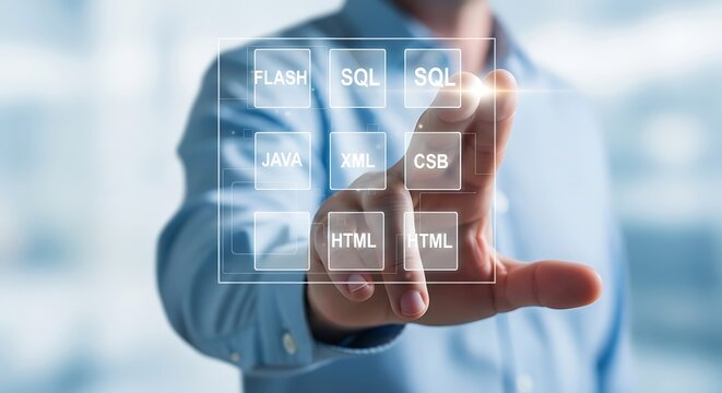 Man touching a transparent screen displaying programming language icons image photo