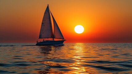 Sailboat sailing on calm ocean at sunset with golden sunlight and clear skies