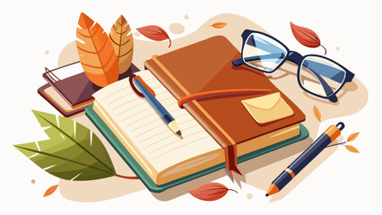 
Very beautiful composition of a leather notebook, elegant pen, and reading glasses arranged neatly on a clean white background, symbolizing creativity, writing, and thoughtful inspiration in minimal 