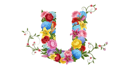Floral Letter U Made of Colorful Flowers on Transparent Background