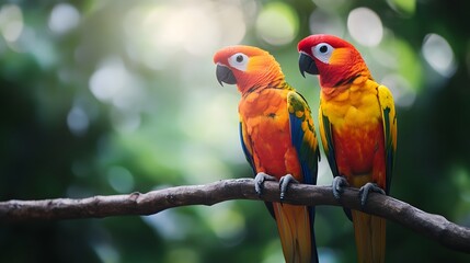 Obraz premium Two colorful parrots perched on a branch with a blurred green background.