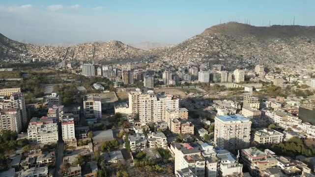Drone Aerial of Kabul Afghanistan, Mountains Hindu Kush in background