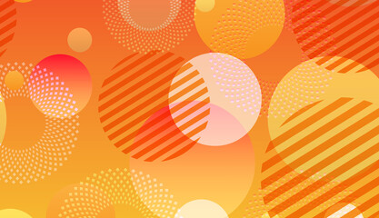 Vibrant abstract circles and diagonal stripes with warm orange and yellow hues create a dynamic visual texture