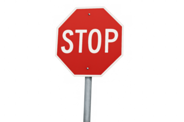 Red stop sign on pole with stop text, indicating road safety and traffic control, transparent background