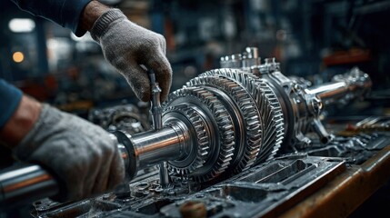 Close-up of a mechanic using tools to repair a complex gear system, showcasing hands-on engineering work in an industrial environment.
