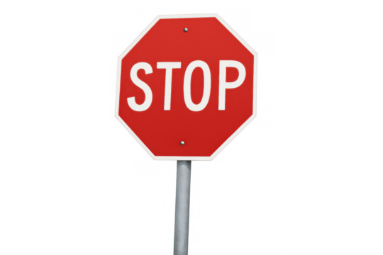 Red stop sign on pole with stop text, indicating road safety and traffic control, transparent background