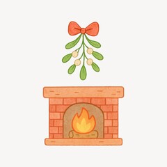 Fototapeta premium Cozy fireplace with mistletoe illustration.
