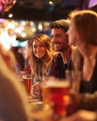 Friends enjoying drinks at bar counter in warm light candid shot of people laughing and talking at a pub location with beer glasses