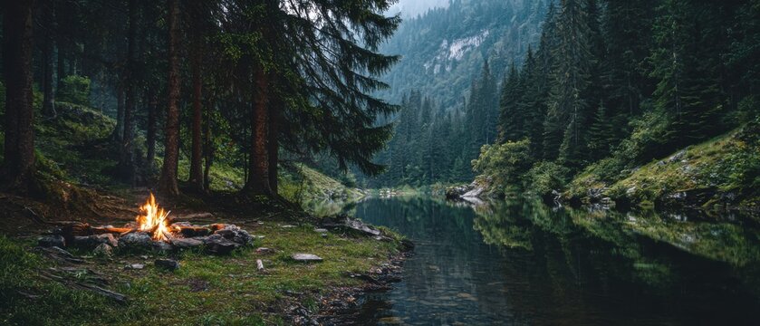 Campfire burns brightly at lakeside in misty forest landscape with tall evergreen trees and mountain in background scenic view